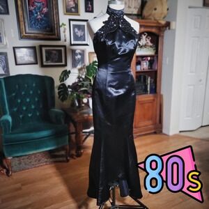 Climax Karen Okada Gown Black Satin Vintage 80s Beaded Halter Mermaid Dress Prom